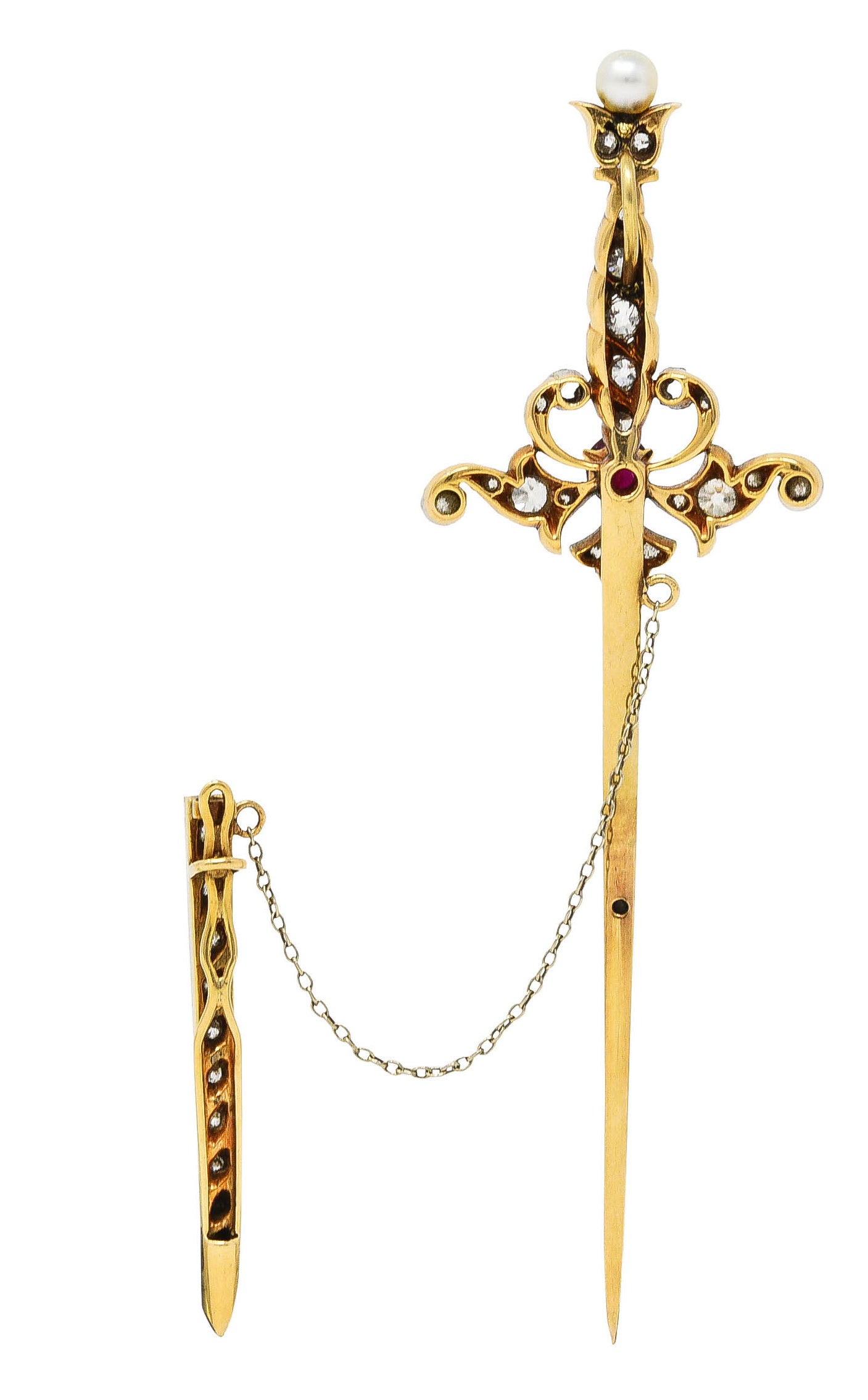 Edwardian Ruby Diamond Platinum-Topped 18 Karat Yellow Gold Sword Pendant Jabot Brooch Wilson's Estate Jewelry