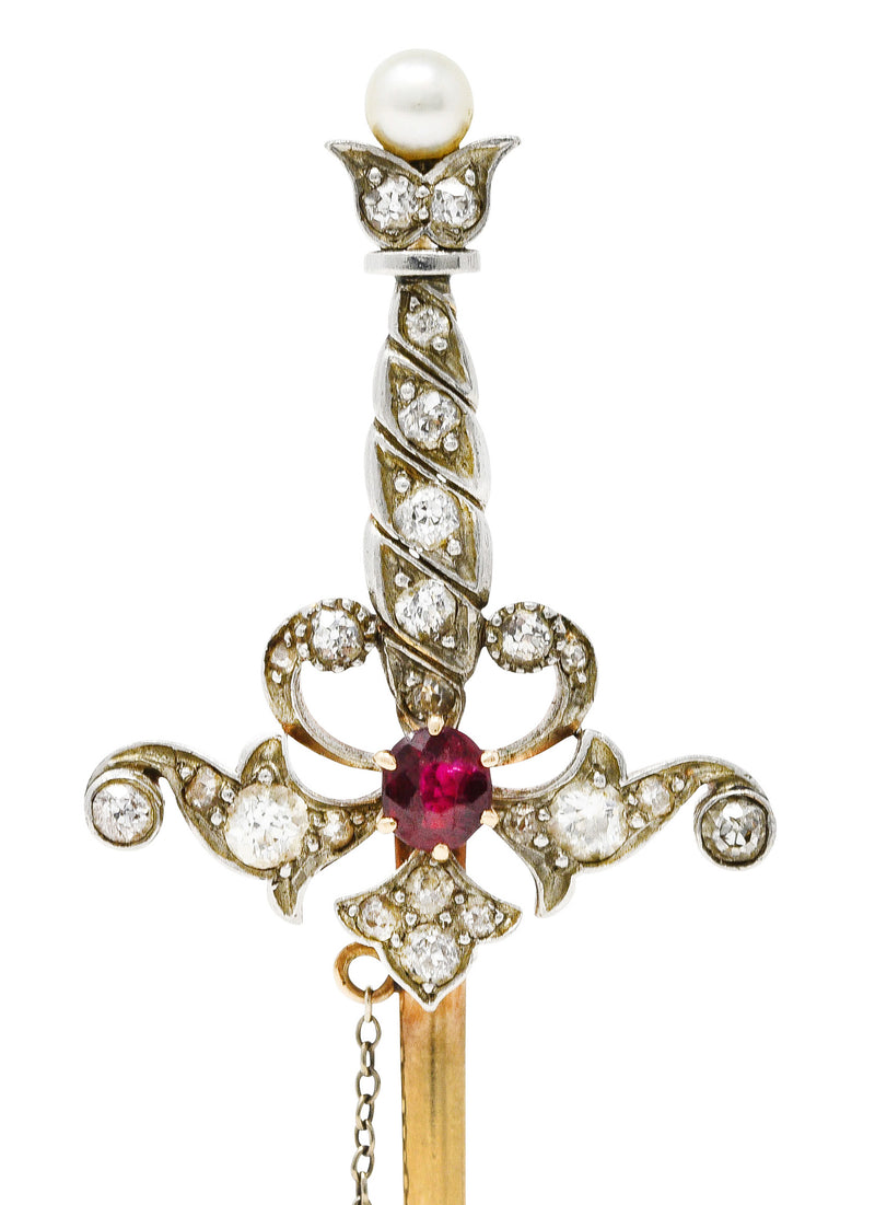 Edwardian Ruby Diamond Platinum-Topped 18 Karat Yellow Gold Sword Pendant Jabot Brooch Wilson's Estate Jewelry