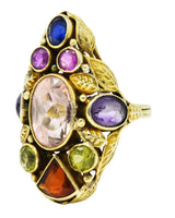 Arts & Crafts Antique Topaz Sapphire Peridot Ruby Multi-Gem 14 Karat Gold Floral Ring Wilson's Estate Jewelry