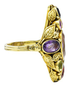 Arts & Crafts Antique Topaz Sapphire Peridot Ruby Multi-Gem 14 Karat Gold Floral Ring Wilson's Estate Jewelry