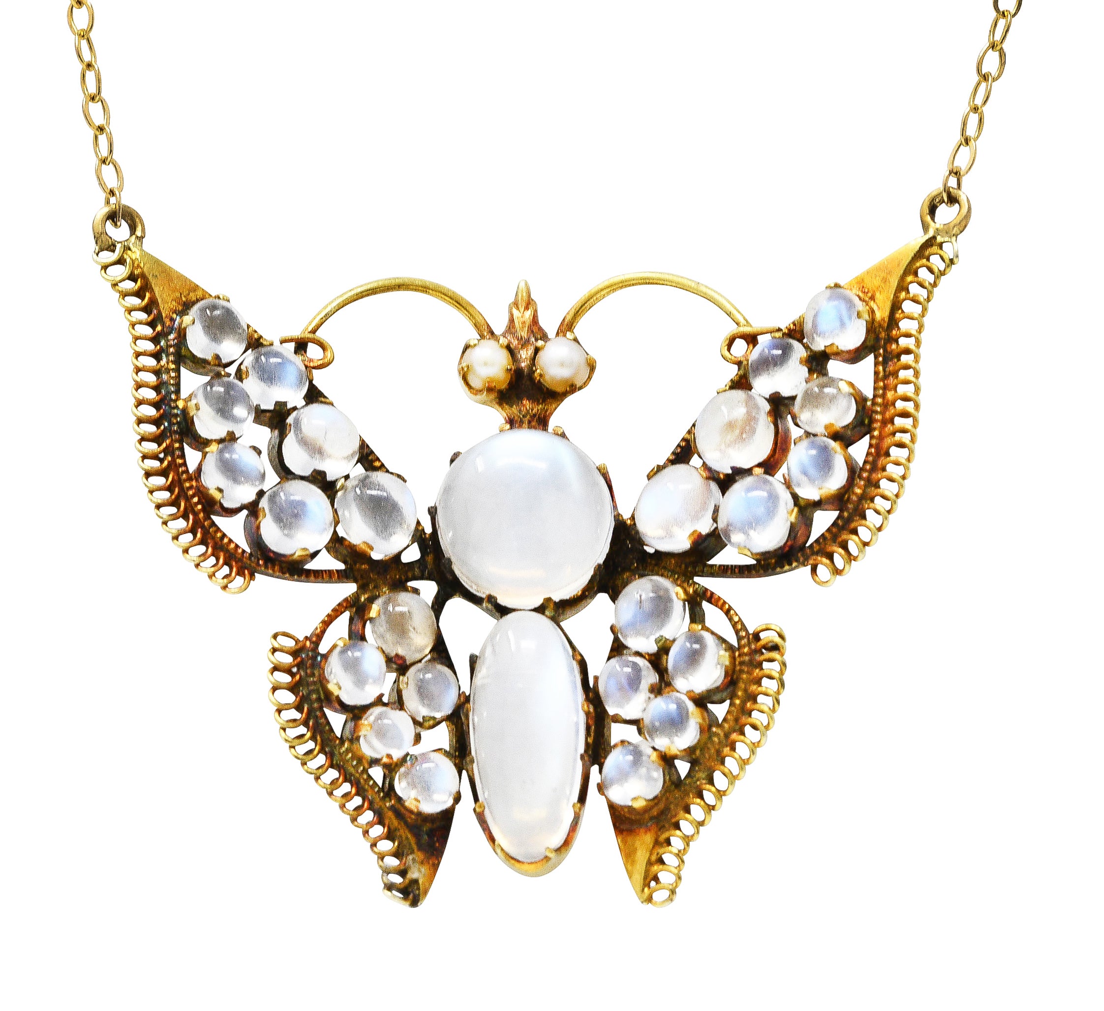 Art Nouveau Moonstone Pearl 14 Karat Yellow Gold Butterfly Station Antique Necklace Wilson's Estate Jewelry