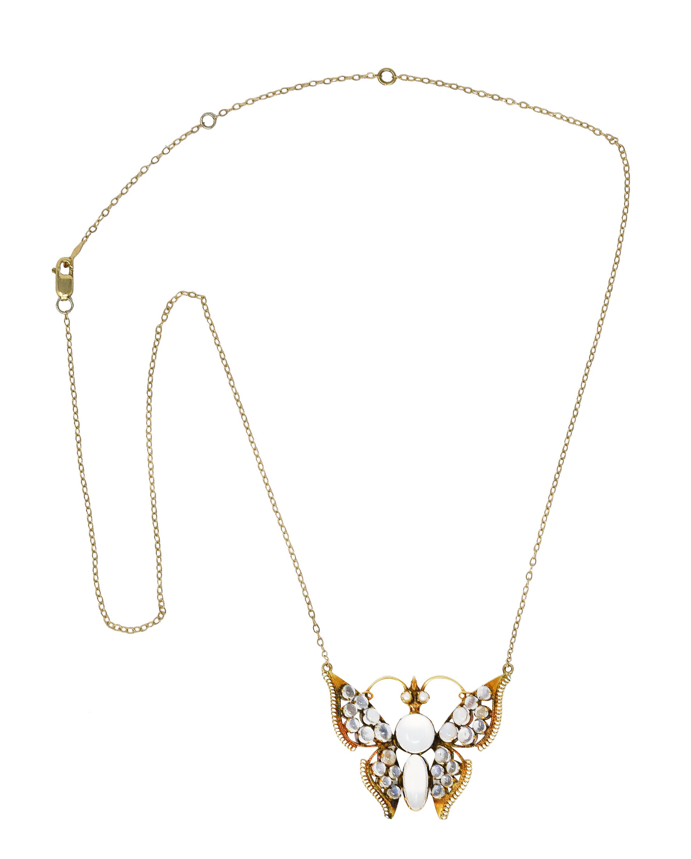 Art Nouveau Moonstone Pearl 14 Karat Yellow Gold Butterfly Station Antique Necklace Wilson's Estate Jewelry
