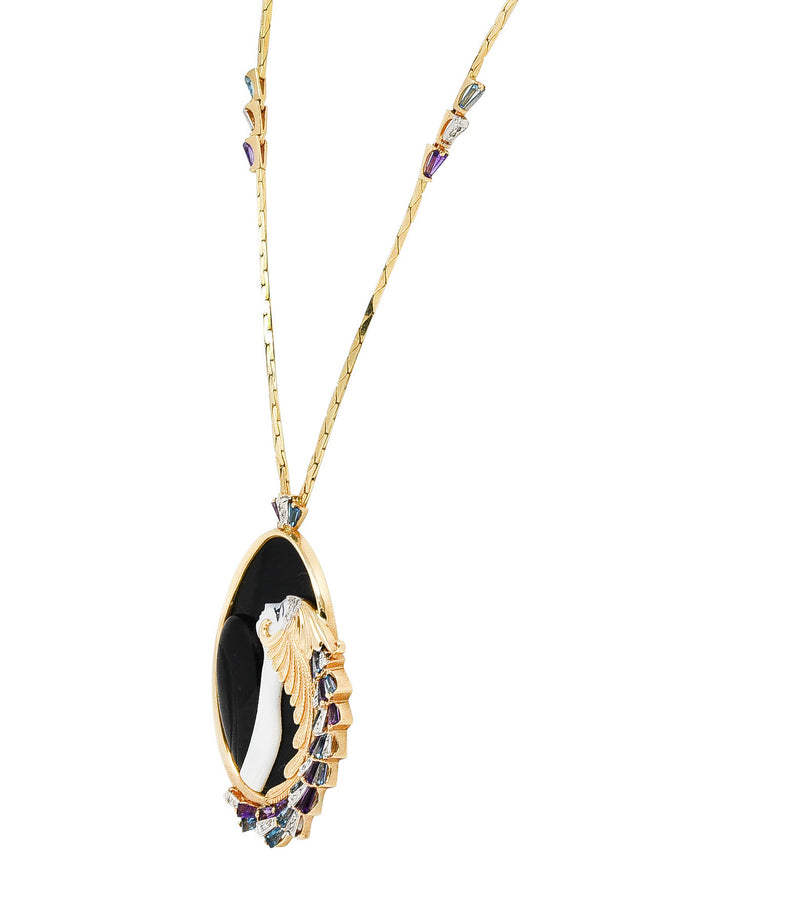 Erté Beauty of The Beast Diamond Amethyst Topaz Onyx Mother-Of-Pearl Platinum 14 Karat Yellow Gold Beauty and the Beast Vintage Pendant Necklace Wilson's Estate Jewelry
