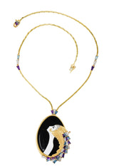 Erté Beauty of The Beast Diamond Amethyst Topaz Onyx Mother-Of-Pearl Platinum 14 Karat Yellow Gold Beauty and the Beast Vintage Pendant Necklace Wilson's Estate Jewelry