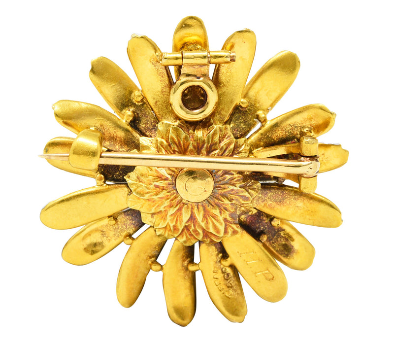 Tiffany & Co. Antique Enamel 18 Karat Yellow Gold Daisy Pendant Brooch Wilson's Estate Jewelry