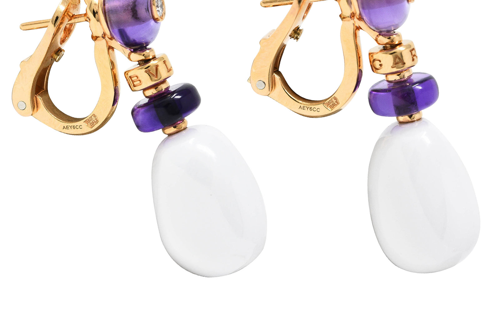 Bulgari Diamond Amethyst Ceramic 18 Karat Rose Gold Mediterranean Eden Sassi Vintage Drop Earrings Wilson's Estate Jewelry
