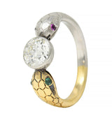 Art Deco French 1.16 CTW Diamond Platinum 18 Karat Gold Snake Engagement Ring