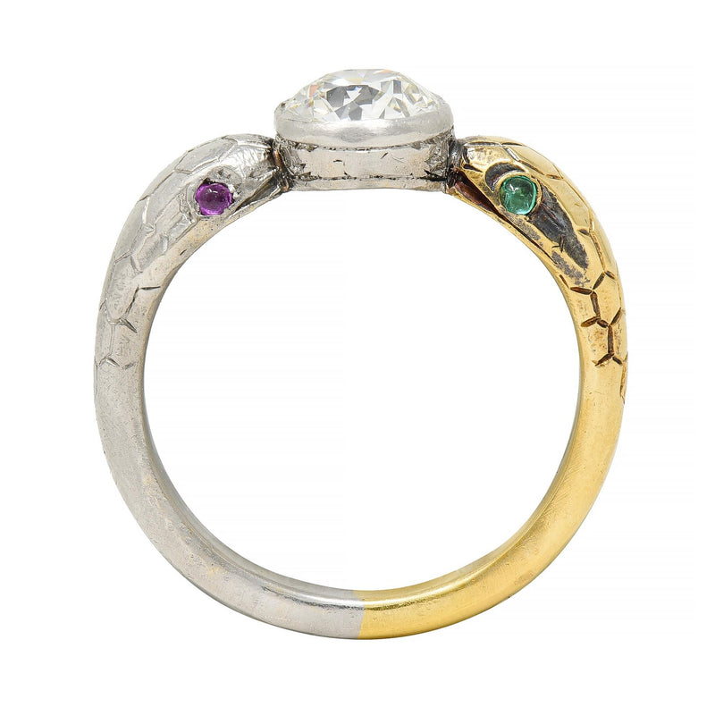 Art Deco French 1.16 CTW Diamond Platinum 18 Karat Gold Snake Engagement Ring