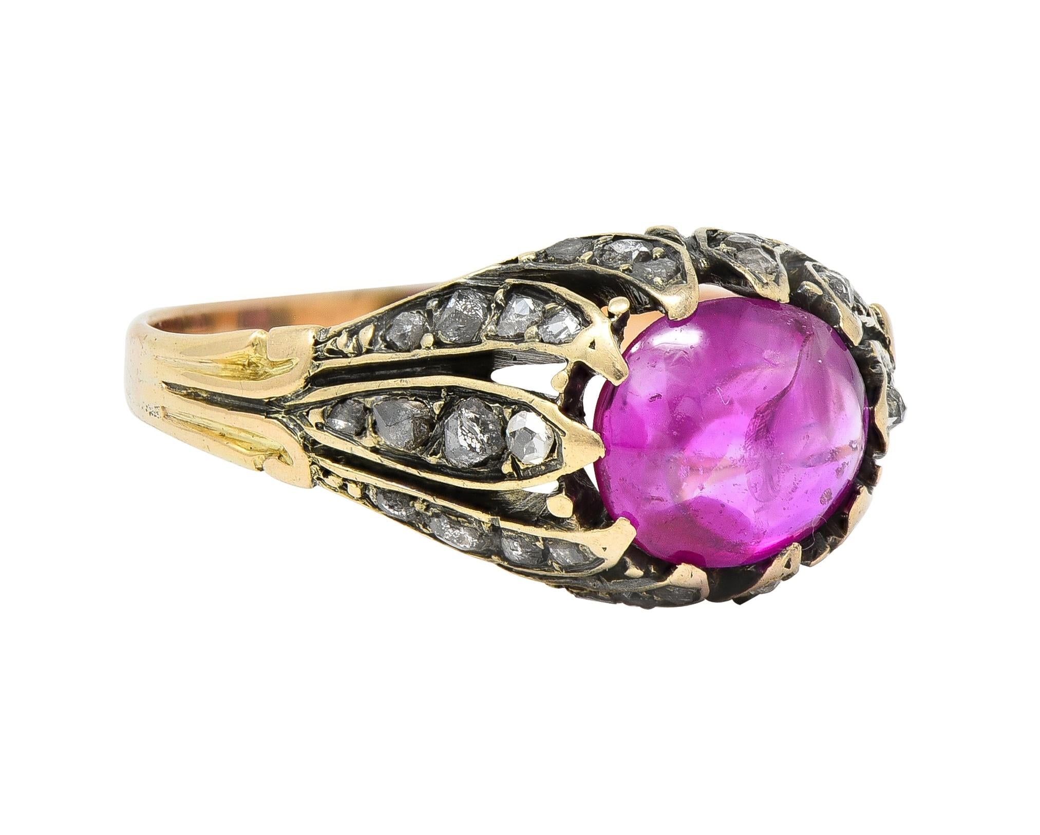 Victorian Cabochon Ruby Diamond 14 Karat Yellow Gold Foliate Antique Ring