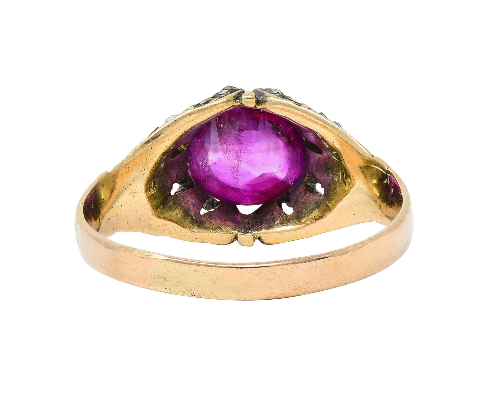 Victorian Cabochon Ruby Diamond 14 Karat Yellow Gold Foliate Antique Ring