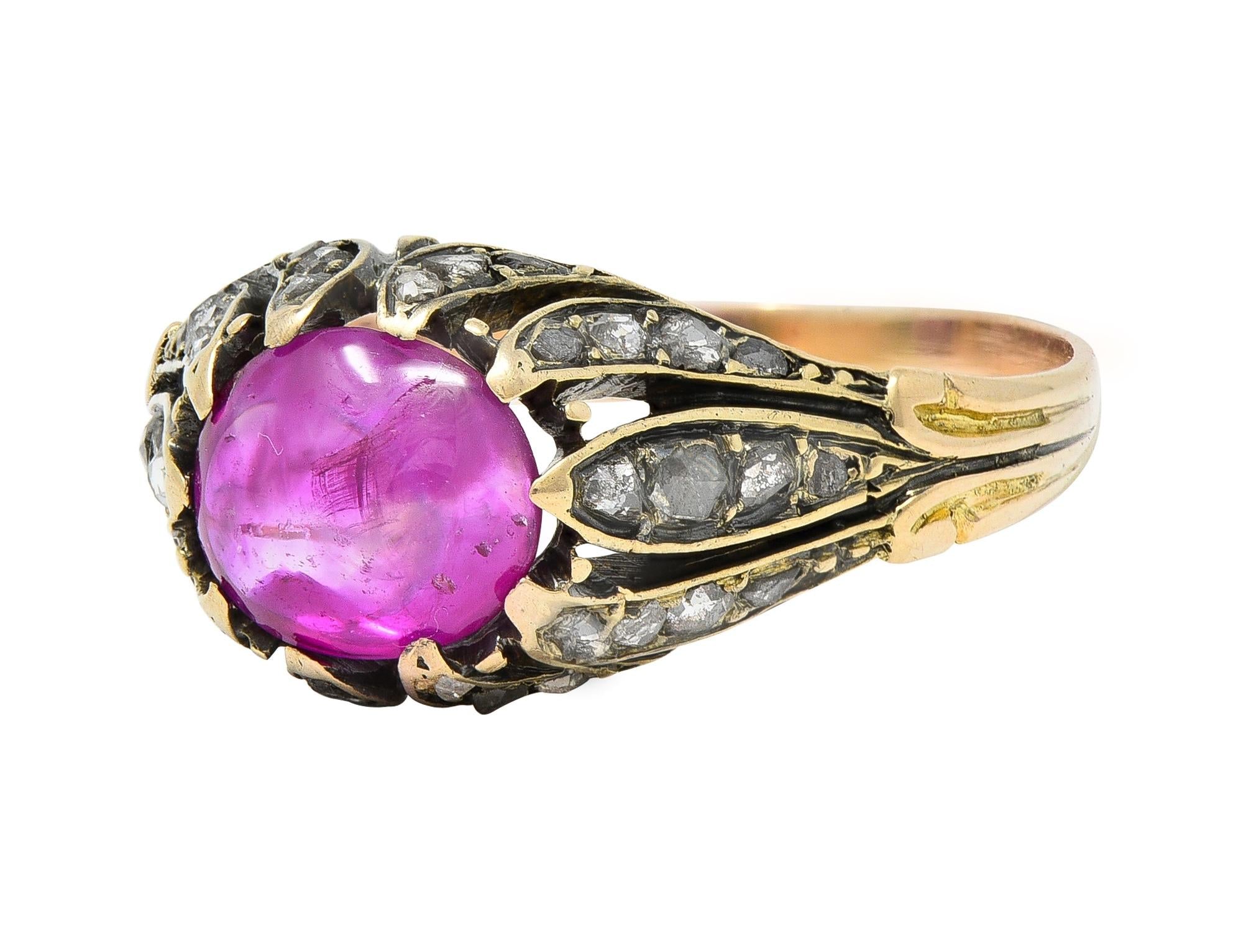 Victorian Cabochon Ruby Diamond 14 Karat Yellow Gold Foliate Antique Ring