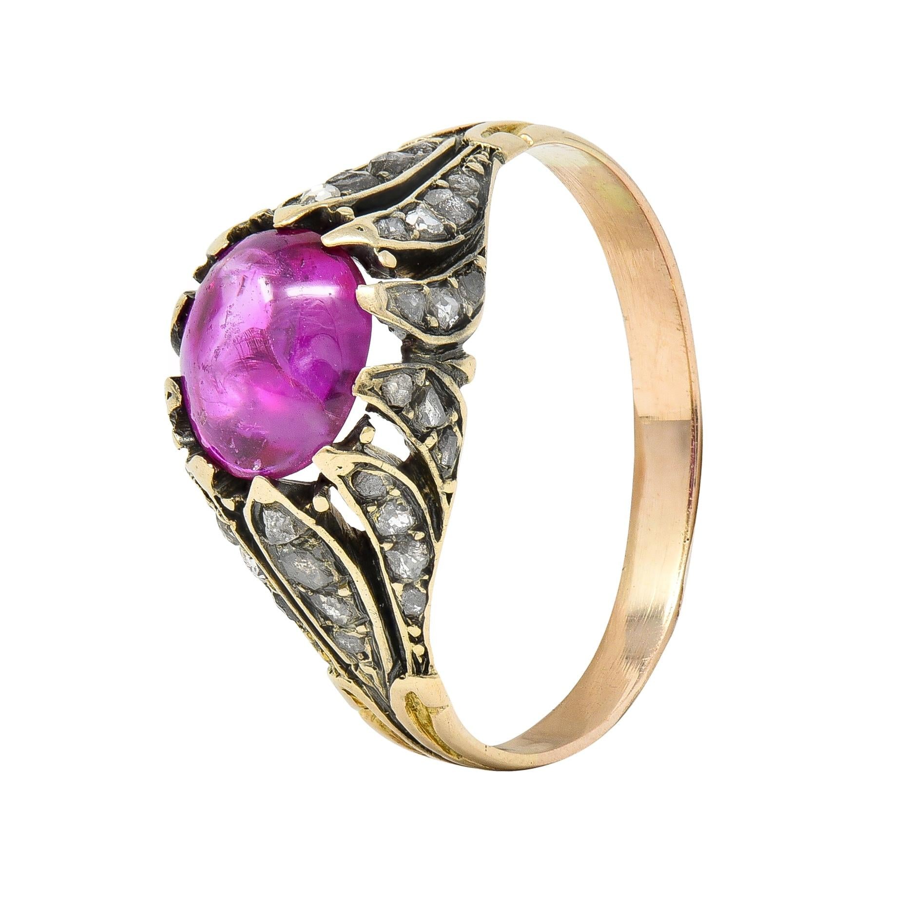 Victorian Cabochon Ruby Diamond 14 Karat Yellow Gold Foliate Antique Ring
