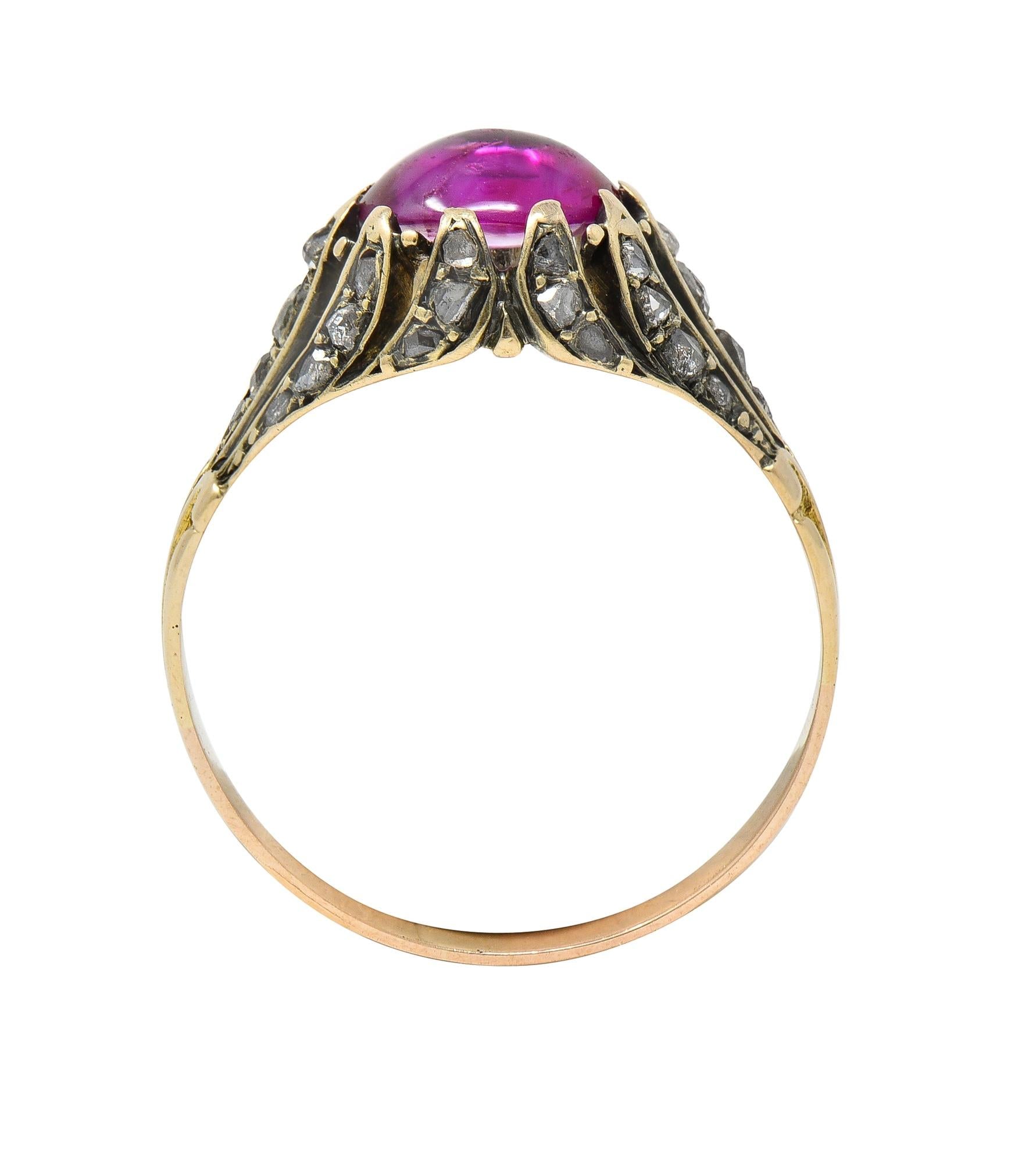 Victorian Cabochon Ruby Diamond 14 Karat Yellow Gold Foliate Antique Ring