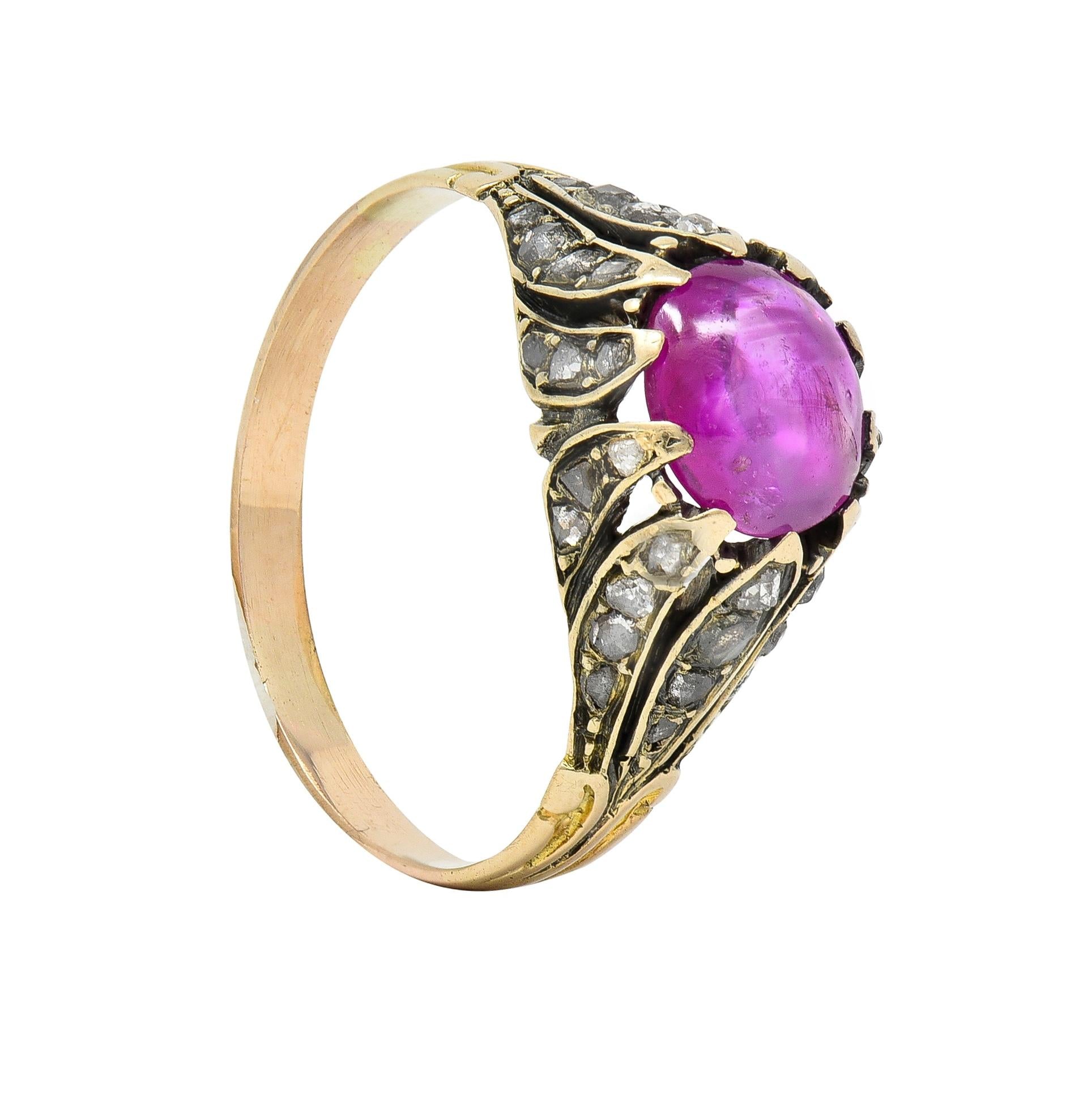 Victorian Cabochon Ruby Diamond 14 Karat Yellow Gold Foliate Antique Ring