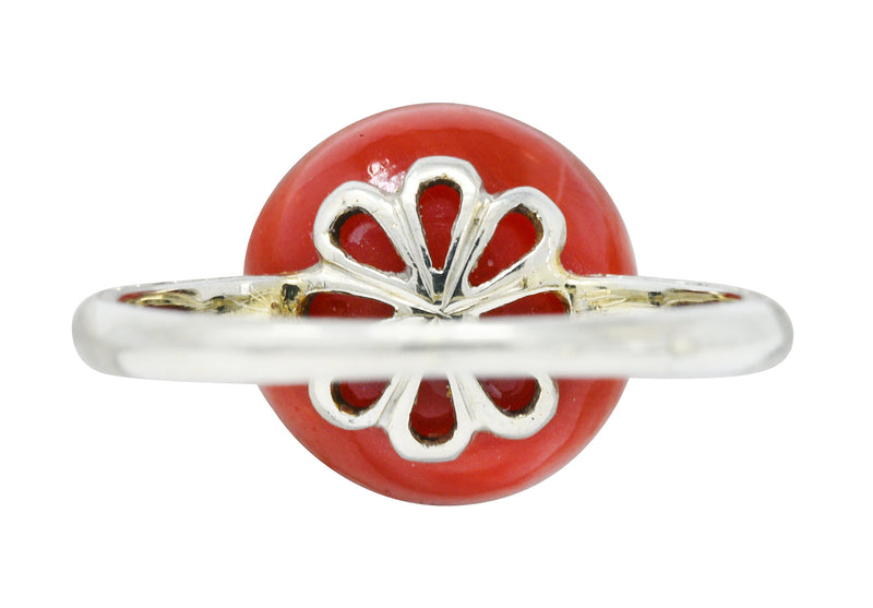 French 1920's Art Deco Carved Coral 18 Karat White Gold Ball RingRing - Wilson's Estate Jewelry