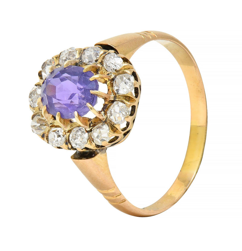 Victorian 1.78 CTW No Heat Ceylon Purple Sapphire 18 Karat Yellow Gold Halo Ring