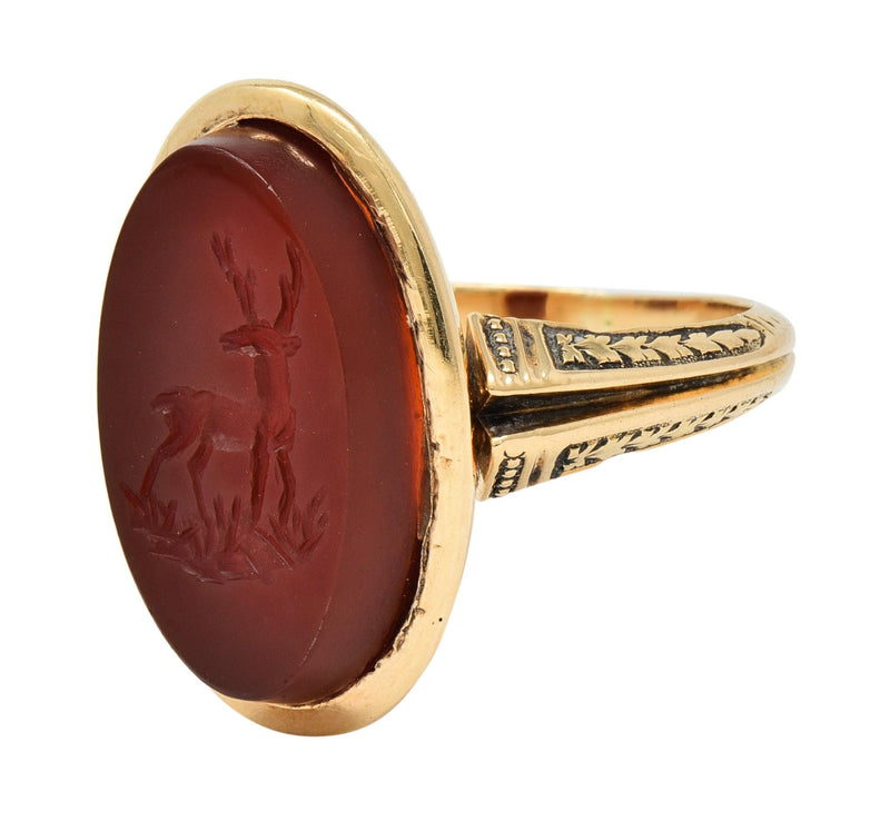 Victorian Carnelian 18K Yellow Gold Stag Deer Intaglio Antique Signet Ring