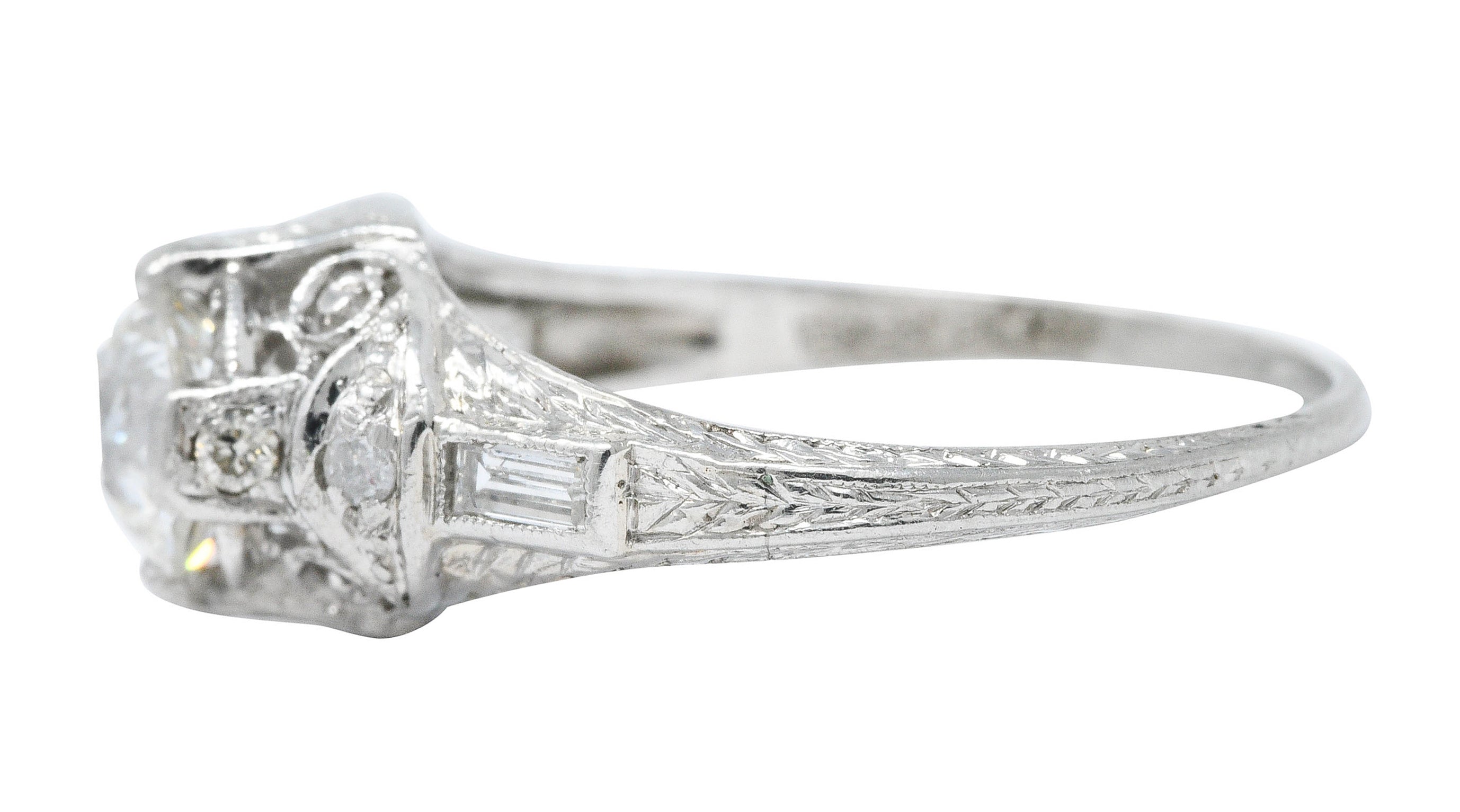 Art Deco 1.09 CTW Diamond Platinum Scrolled Volute Engagement Ring GIARing - Wilson's Estate Jewelry