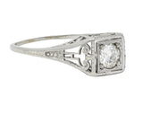 Art Deco Old European Diamond 14 Karat White Gold Column Engagement Ring