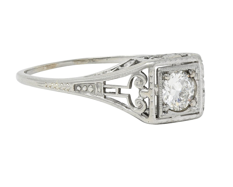 Art Deco Old European Diamond 14 Karat White Gold Column Engagement Ring