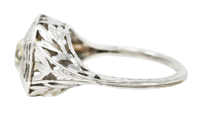 Art Deco 0.80 CTW Old Mine Diamond Platinum Foliate Engagement Ring Wilson's Estate Jewelry