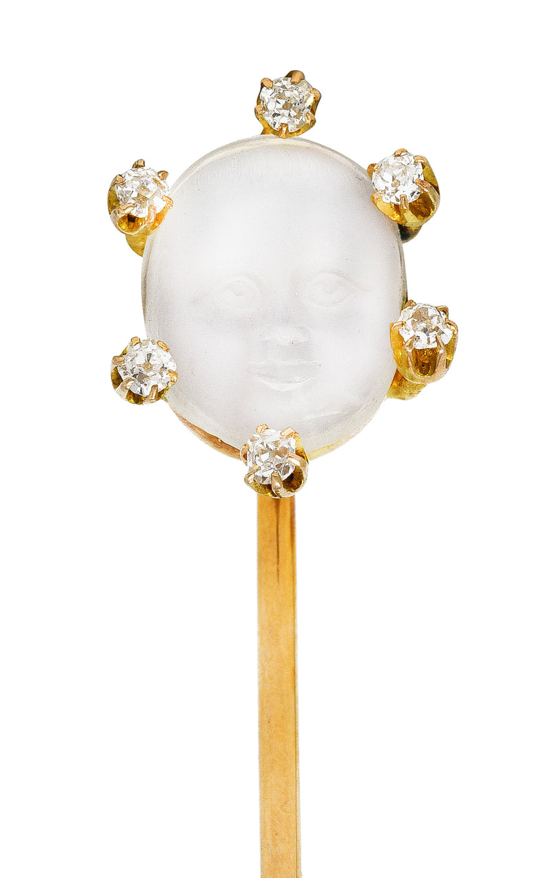 1880's Victorian Moonstone Diamond 18 Karat Yellow Gold Baby Stickpin Wilson's Estate Jewelry