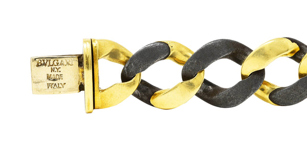 Bulgari 18 Karat Yellow Gold Steel Two-Tone Curb Link Chain Vintage Unisex Bracelet Wilson's Estate Jewelry