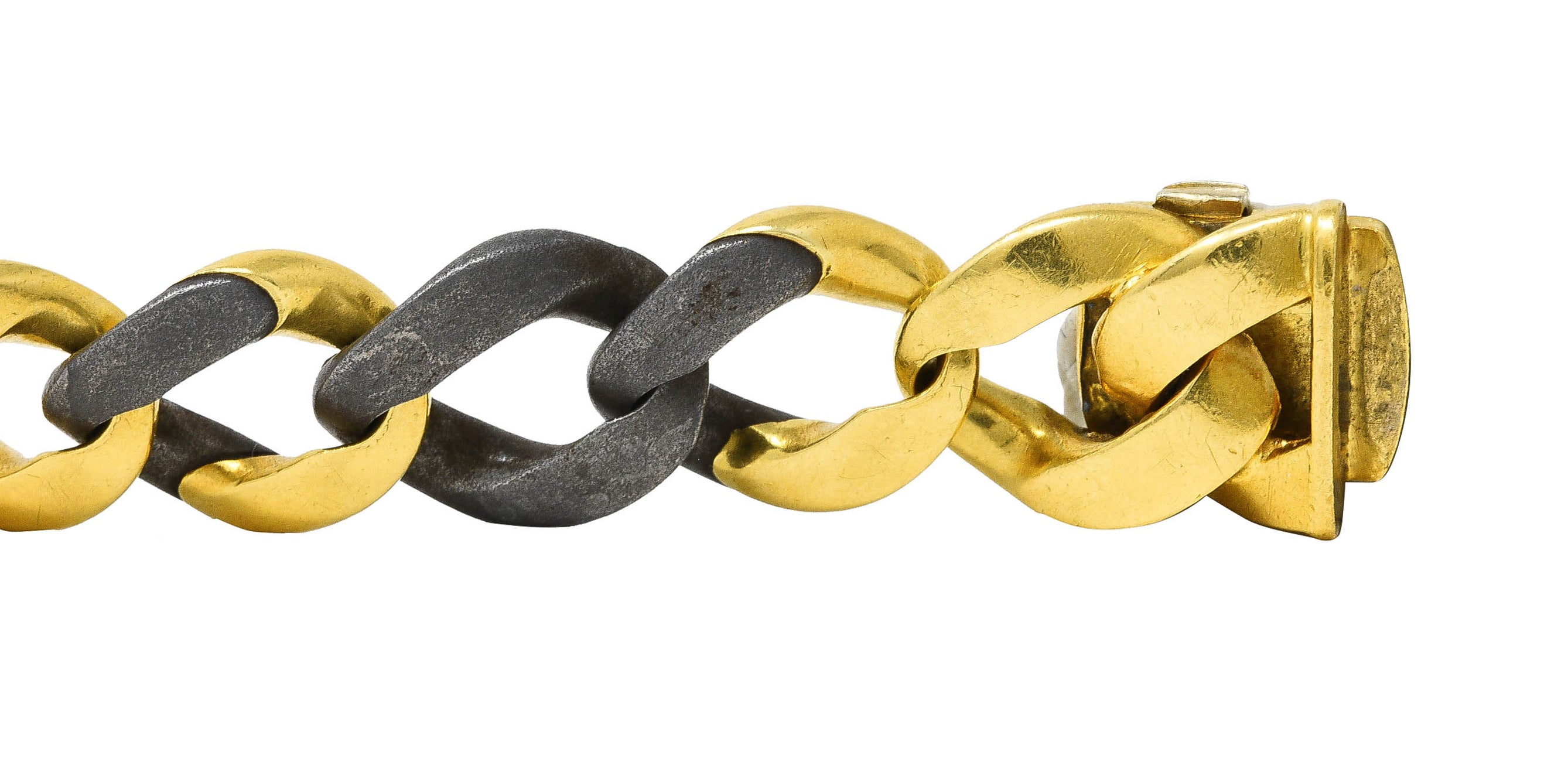 Bulgari 18 Karat Yellow Gold Steel Two-Tone Curb Link Chain Vintage Unisex Bracelet Wilson's Estate Jewelry