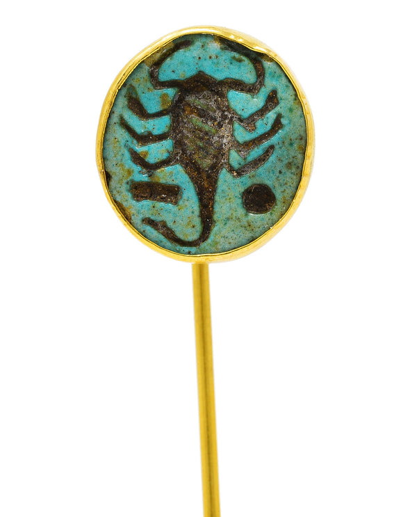 Victorian Egyptian Revival Carved Turquoise 18 Karat Yellow Gold Scorpion Intaglio Antique Stickpin Wilson's Estate Jewelry