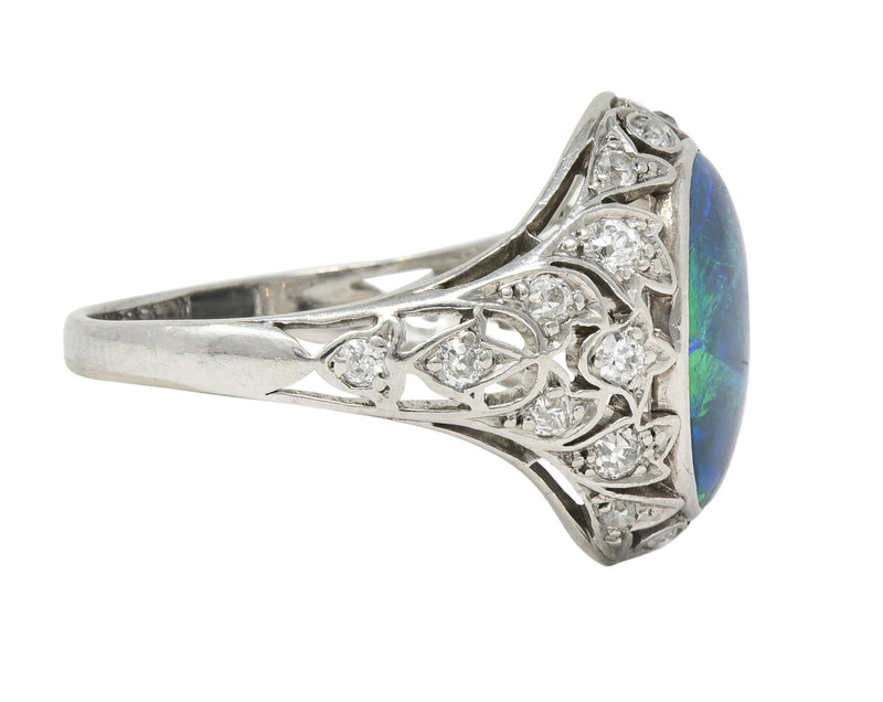 Art Deco Opal Diamond Platinum Ivy Bombé Vintage Gemstone Ring