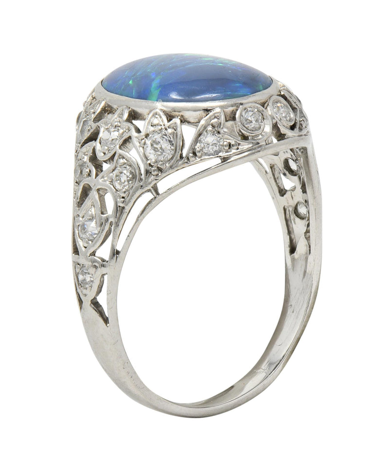 Art Deco Opal Diamond Platinum Ivy Bombé Vintage Gemstone Ring