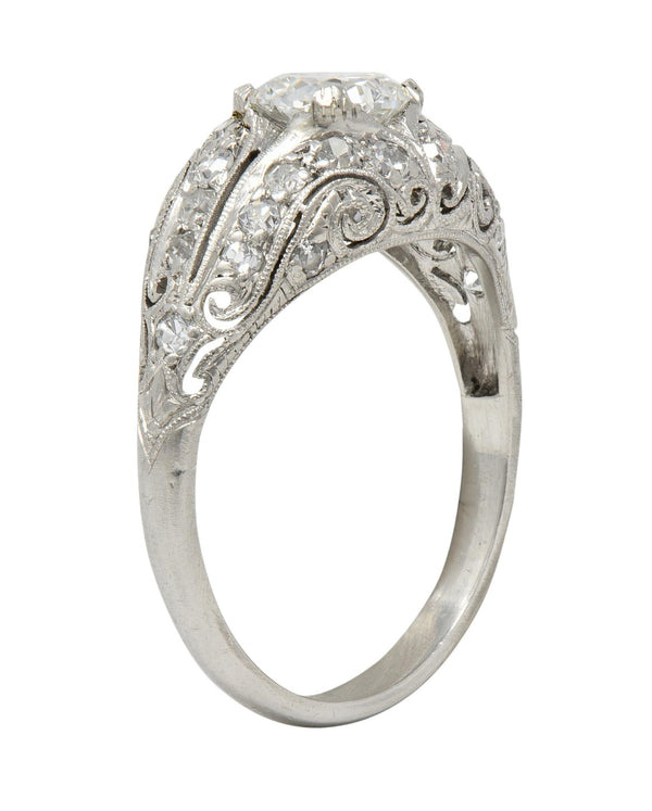 Art Deco 1.22 CTW European Diamond Platinum Scrolling Bombé Engagement Ring
