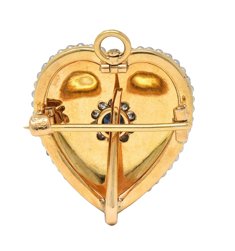 Riker Brothers Victorian Sapphire Diamond 14 Karat Gold Heart Pendant Brooch