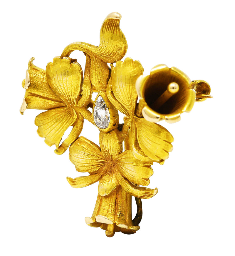 .11111 SH Art Nouveau Pear Cut Diamond 14 Karat Yellow Gold Trumpet Flower Brooch Wilson's Estate Jewelry