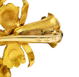 .11111 SH Art Nouveau Pear Cut Diamond 14 Karat Yellow Gold Trumpet Flower Brooch Wilson's Estate Jewelry