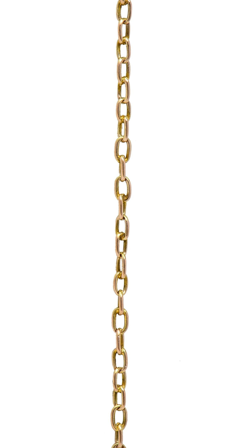 Art Nouveau Peridot Pearl Enamel 9 Karat Rose Gold Antique Lavalier Necklace