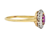 Edwardian No Heat Burma Ruby Diamond Platinum 18 Karat Gold Antique Halo Ring