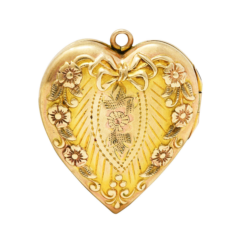 Plainville Stock Co. Art Deco 10 Karat Gold Floral Bow Heart Locket PendantNecklace - Wilson's Estate Jewelry