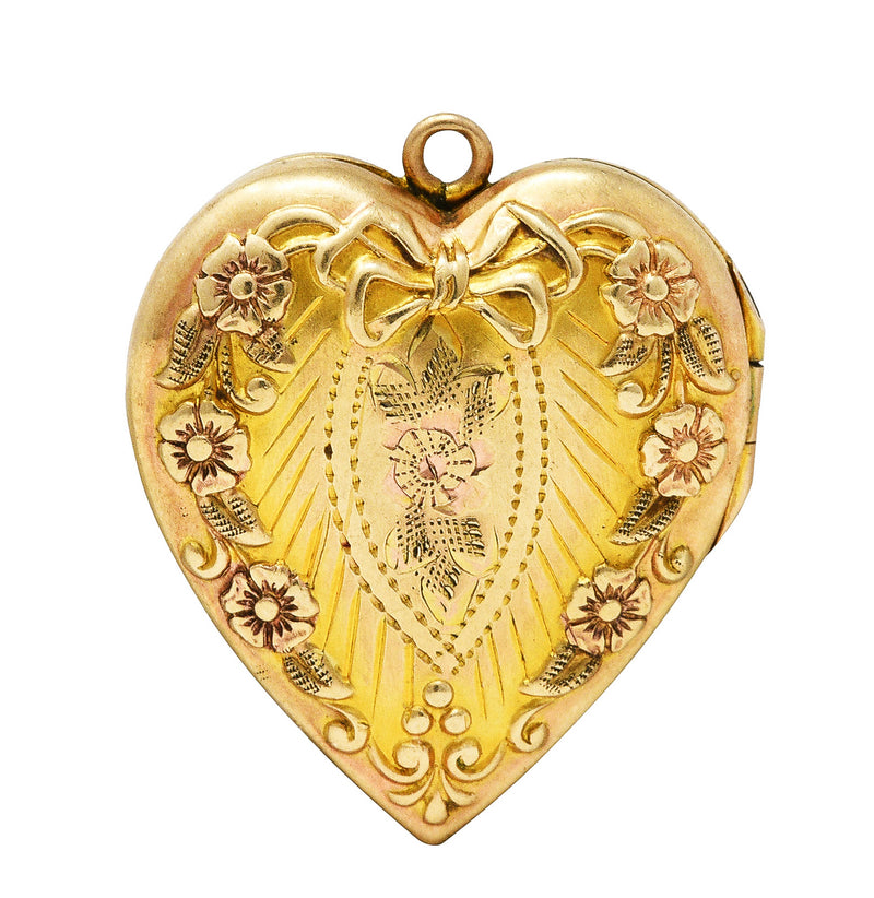 Plainville Stock Co. Art Deco 10 Karat Gold Floral Bow Heart Locket PendantNecklace - Wilson's Estate Jewelry