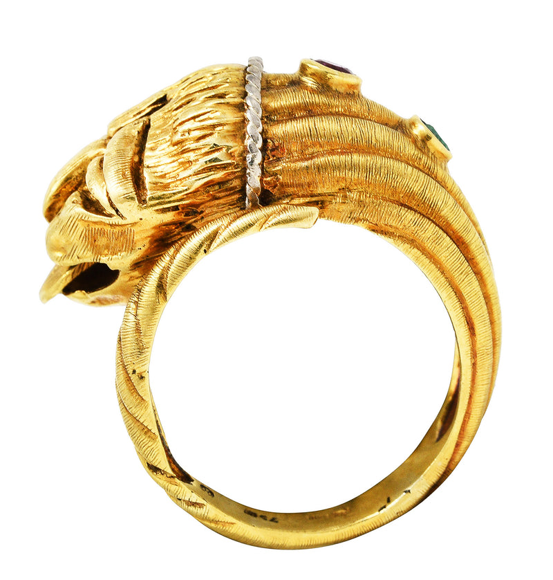 Vintage Lalaounis Ruby Emerald 18 Karat Two-Tone Gold Greek Lion Head Bypass RingRing - Wilson's Estate Jewelry