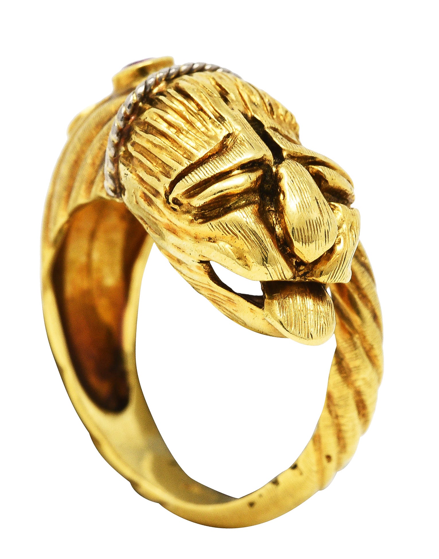 Vintage Lalaounis Ruby Emerald 18 Karat Two-Tone Gold Greek Lion Head Bypass RingRing - Wilson's Estate Jewelry