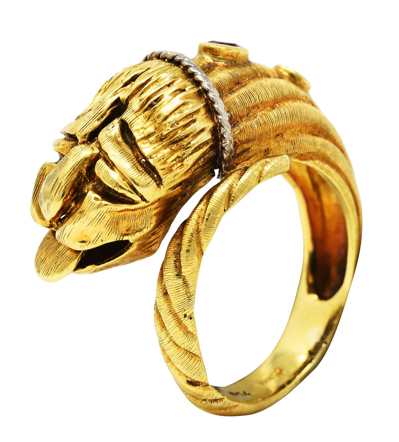 Vintage Lalaounis Ruby Emerald 18 Karat Two-Tone Gold Greek Lion Head Bypass RingRing - Wilson's Estate Jewelry