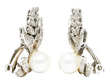 Mid-Century Pearl Diamond 14 Karat White Gold Foliate Ear-Clip Earrings Wilson's Estate Jewelry