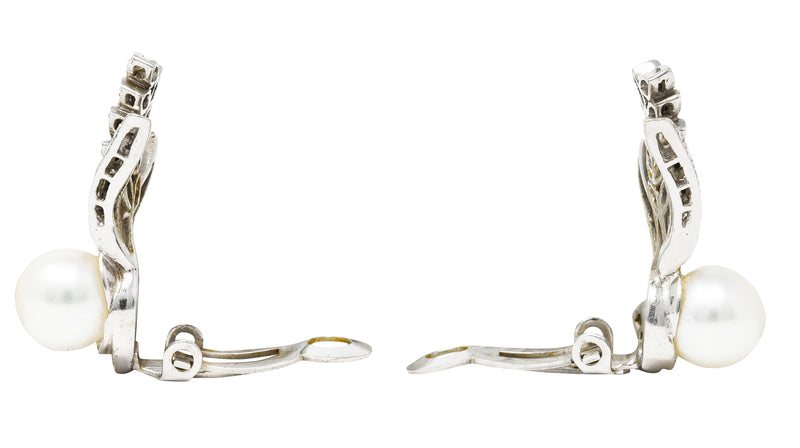 Mid-Century Pearl Diamond 14 Karat White Gold Foliate Ear-Clip Earrings Wilson's Estate Jewelry