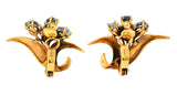 Retro 3.50 CTW Aquamarine 18 Karat Gold Floral Ear-Clip EarringsEarrings - Wilson's Estate Jewelry