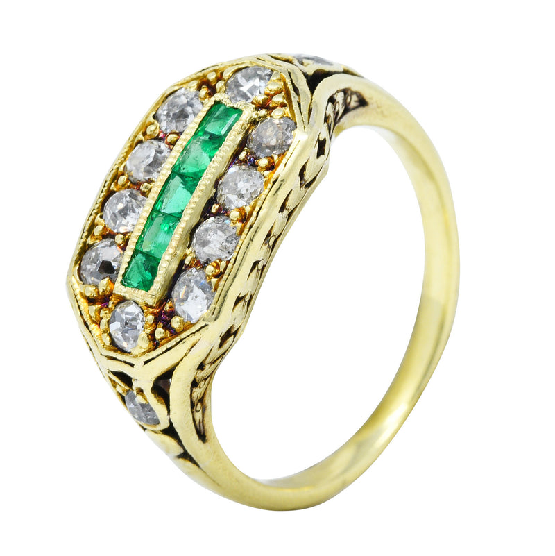 Arts and Crafts Emerald Diamond 18 Karat Green Gold Laurel Band RingRing - Wilson's Estate Jewelry