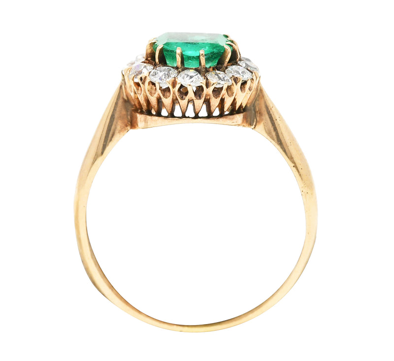 Victorian 1.33 CTW Cushion Cut Emerald Old Mine Cut Diamond 14 Karat Yellow Gold Antique Ring Wilson's Estate Jewelry