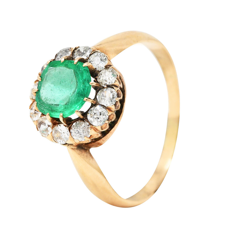 Victorian 1.33 CTW Cushion Cut Emerald Old Mine Cut Diamond 14 Karat Yellow Gold Antique Ring Wilson's Estate Jewelry