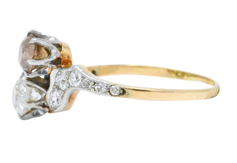 Edwardian 1.57 CTW Diamond & Fancy Diamond Platinum-Topped 14 Karat Gold Toi Et Moi RingRing - Wilson's Estate Jewelry