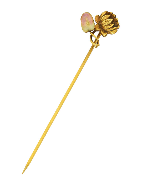 Art Nouveau Enamel 18 Karat Yellow Gold Lotus Flower Antique Stickpin Wilson's Estate Jewelry